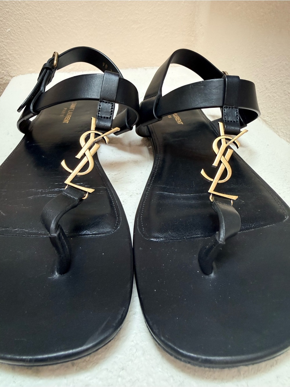 Mens Saint Laurent Black Leather YSL Casandra Plaque Sandals with Gold Hardware